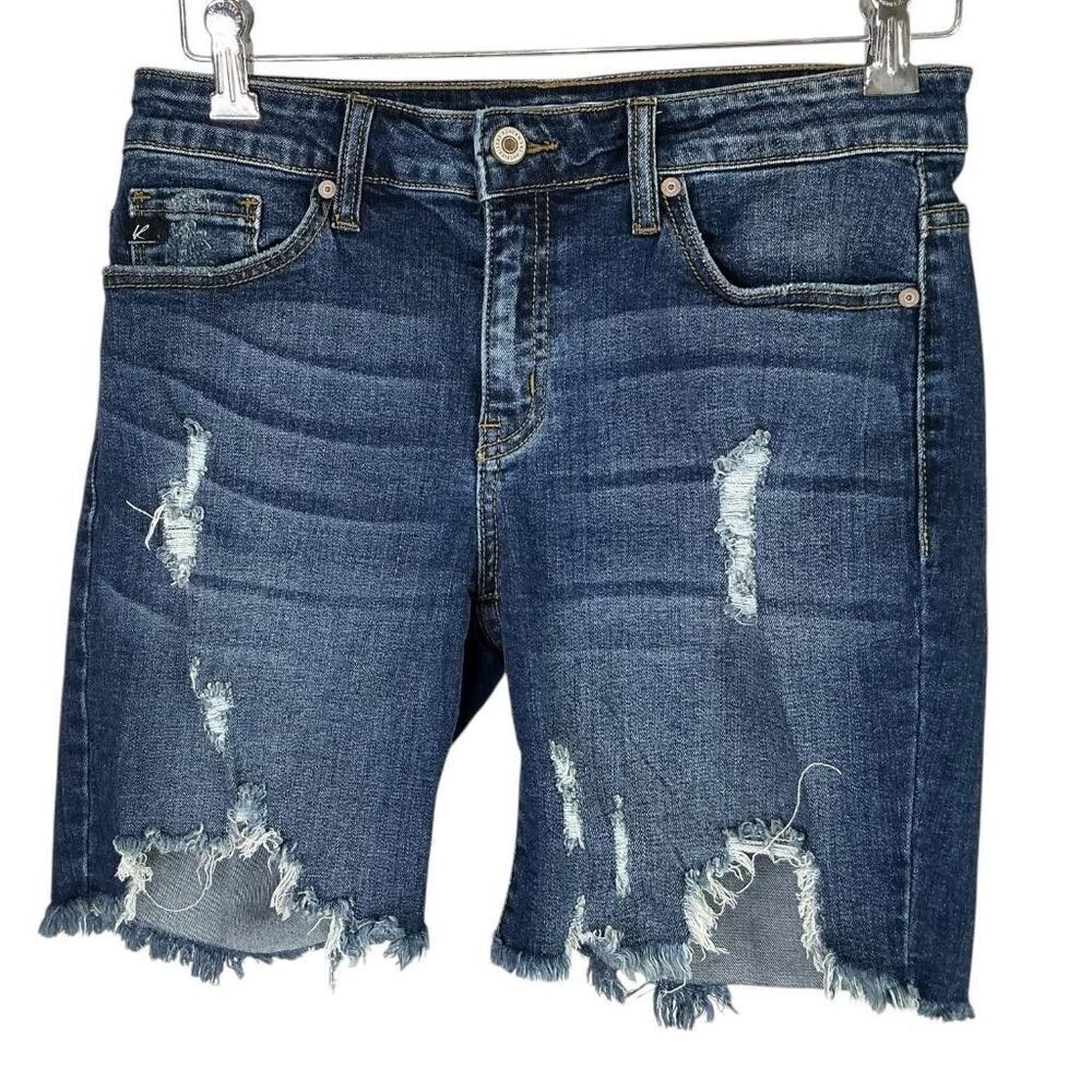 KanCan Jean Shorts Womens L Blue Mid Rise Distressed Frayed Stretch Denim
